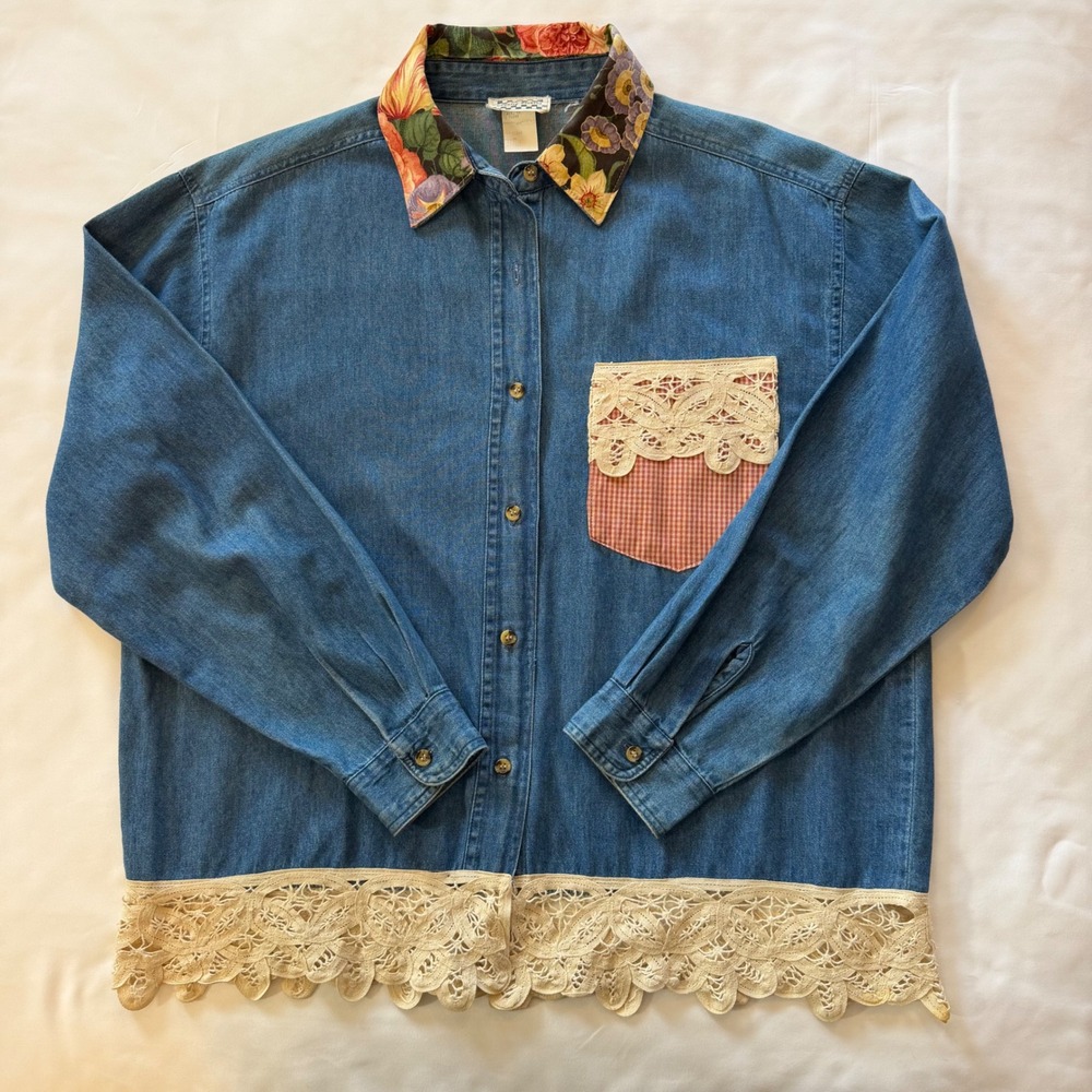 Vintage Denim Shirt Floral Lace Gingham Grandmacore Kitschy Country Chic L XL